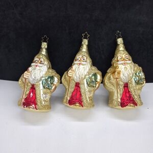 Three Santa Ornament Glass Golden Santa with Staff Drum Old World Christmas